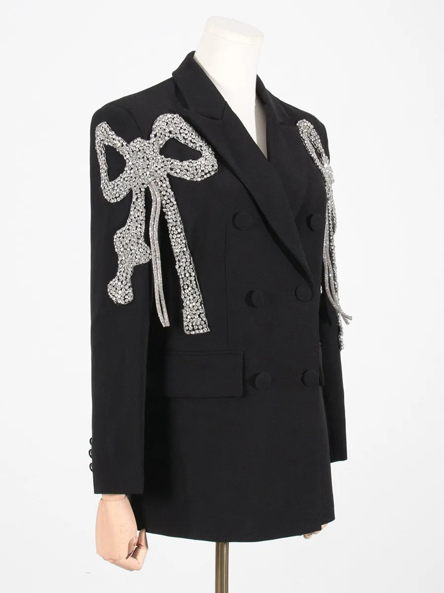 Polyester Blazer with Notched Collar, Long Bow, Diamonds, and Beaded Embellishments for Women