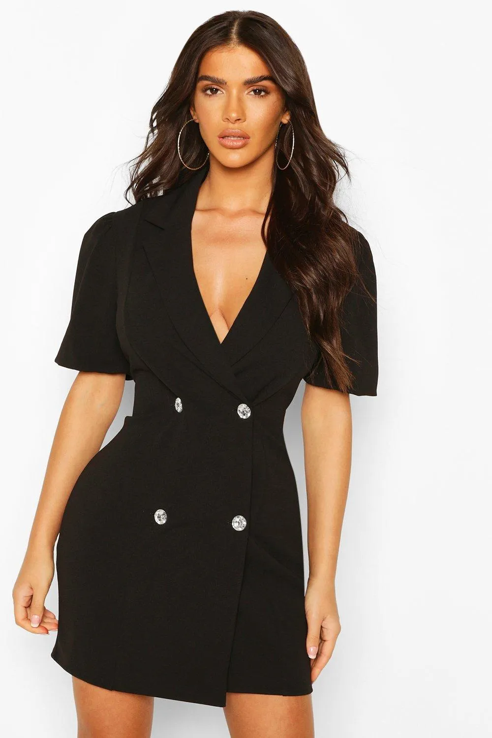 Puff Sleeve Diamonte Button Blazer Dress