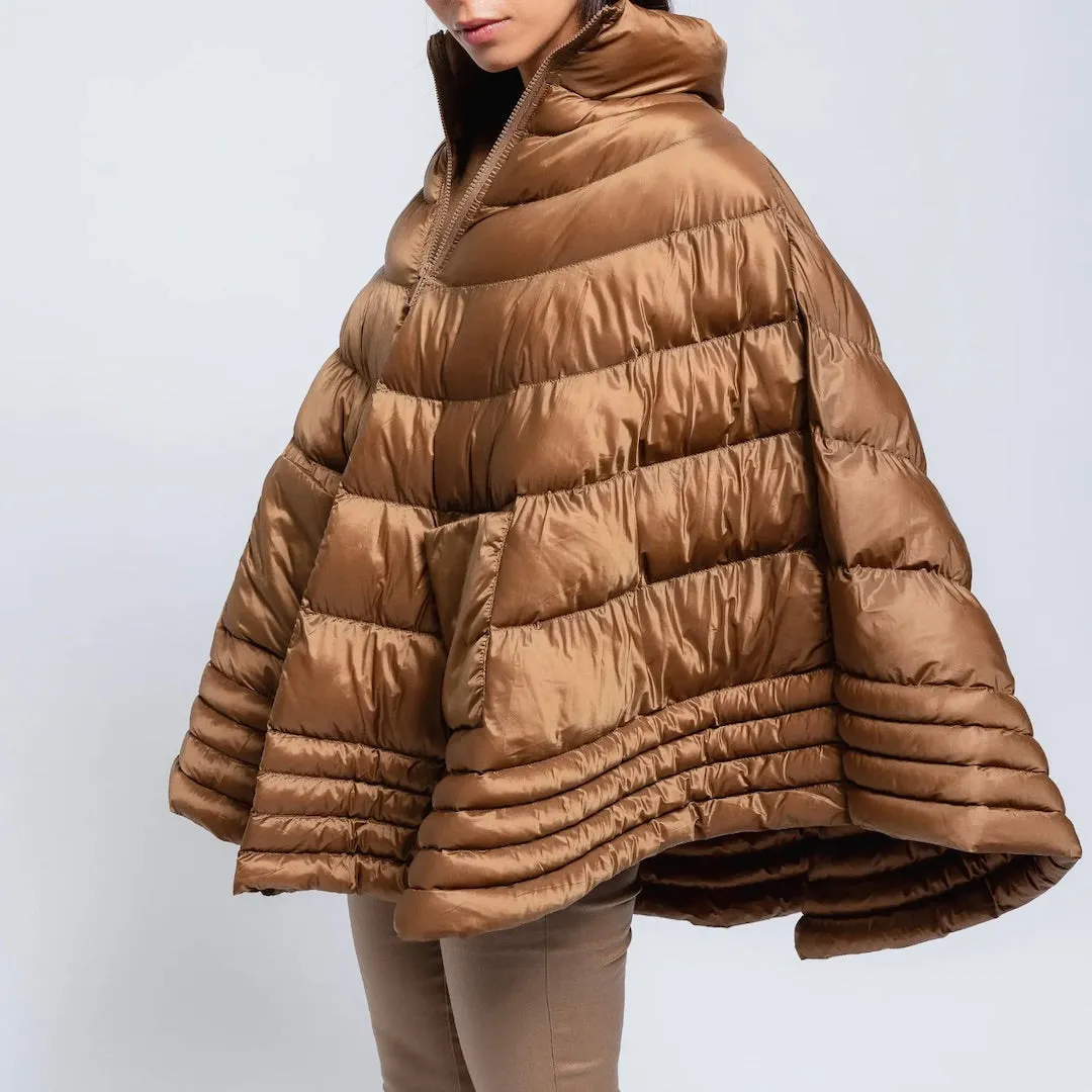 Puffer Poncho Cape in Camel color.