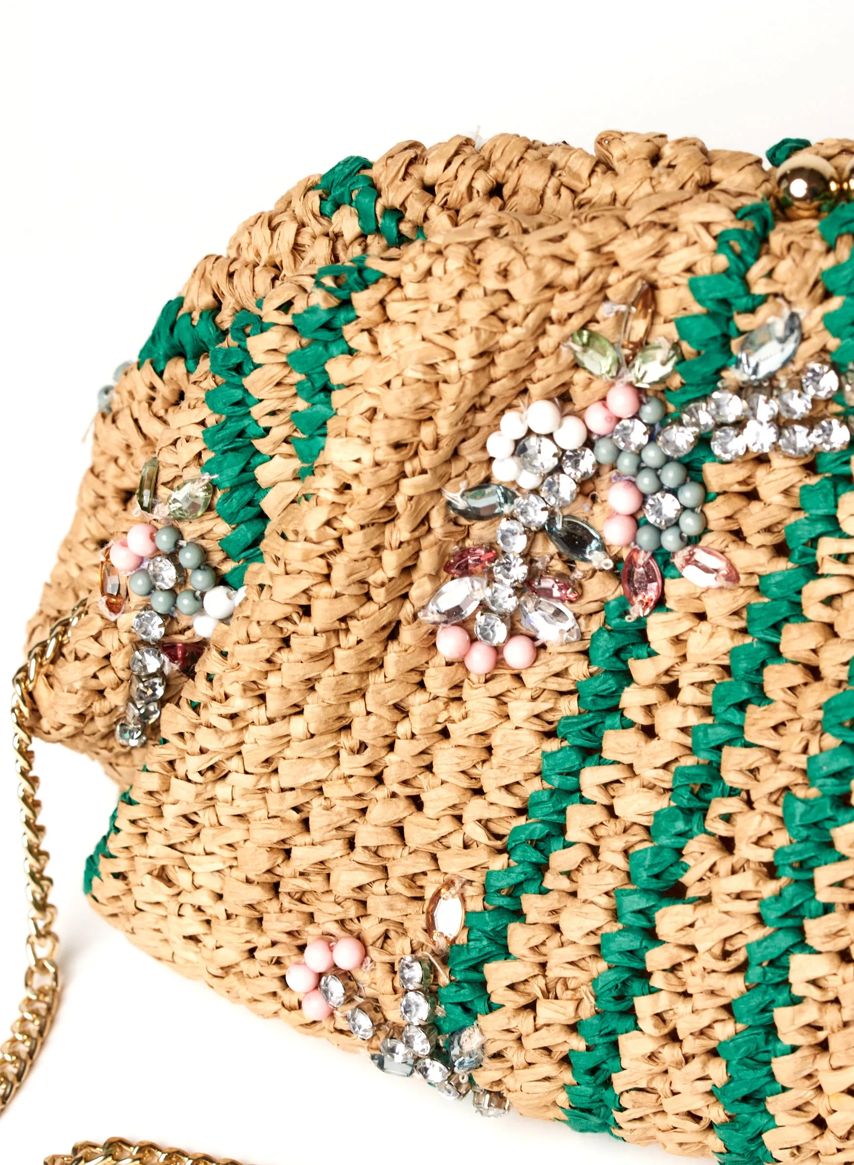 Raffia & Bead Beige-Green Clutch Bag