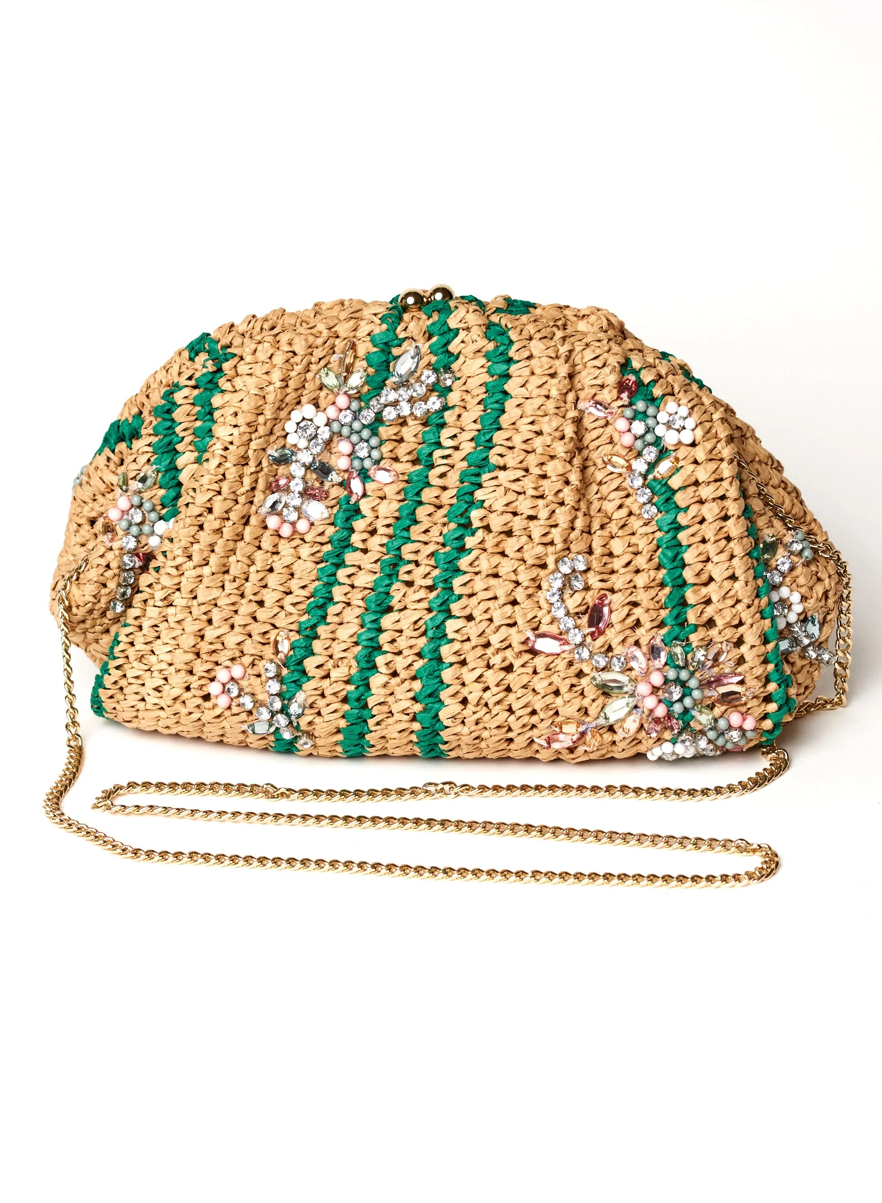 Raffia & Bead Beige-Green Clutch Bag