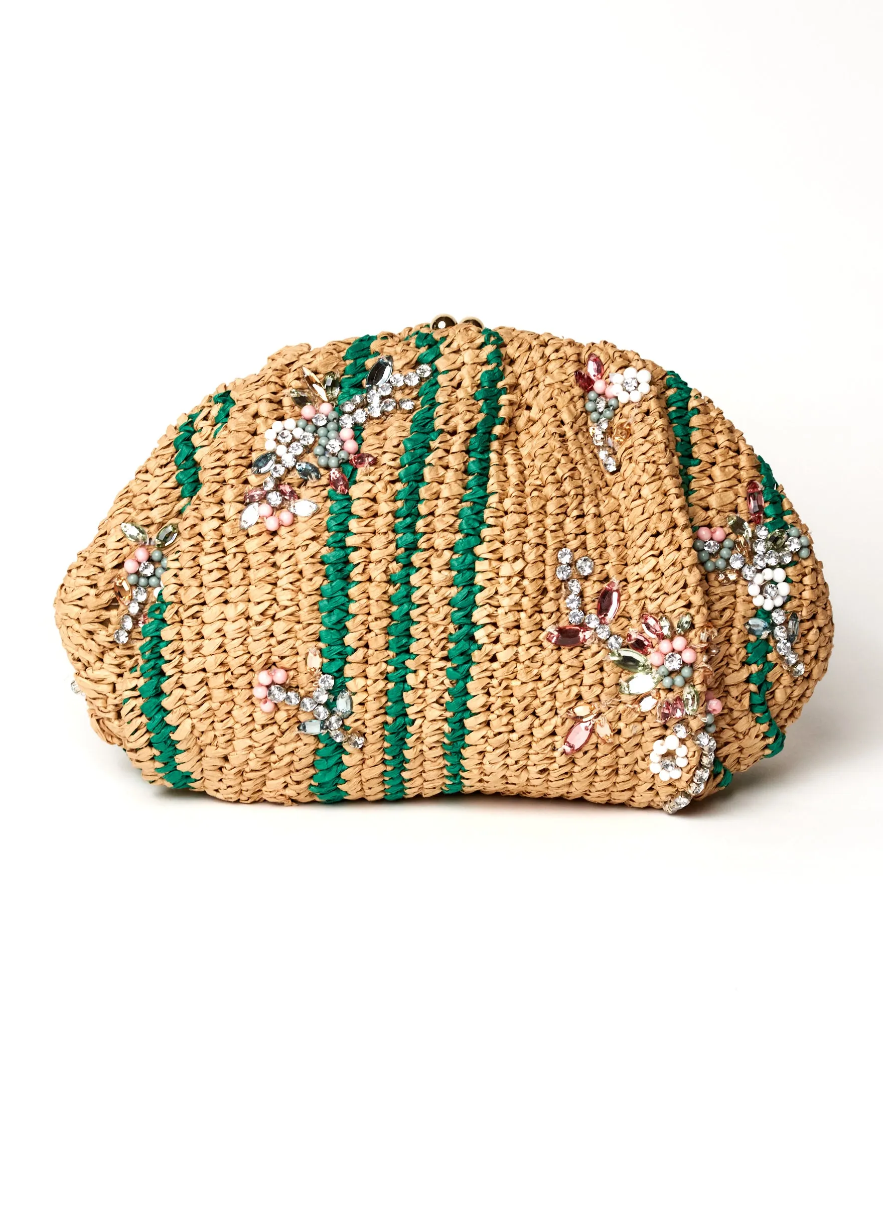 Raffia & Bead Beige-Green Clutch Bag