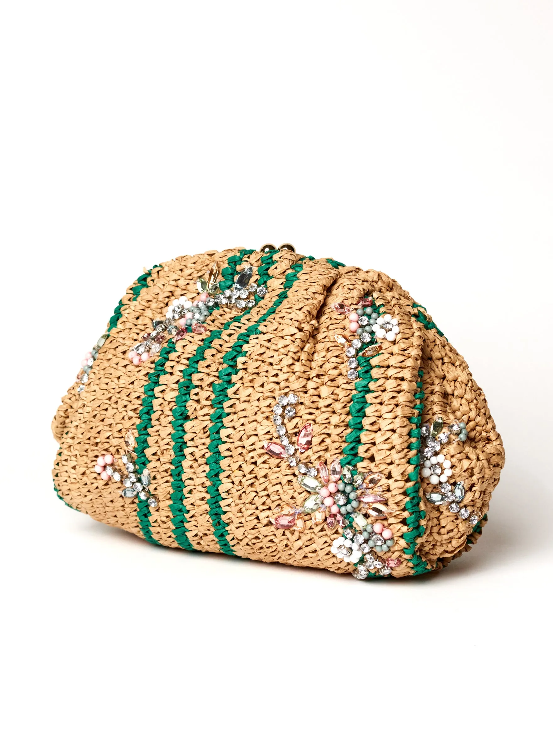 Raffia & Bead Beige-Green Clutch Bag