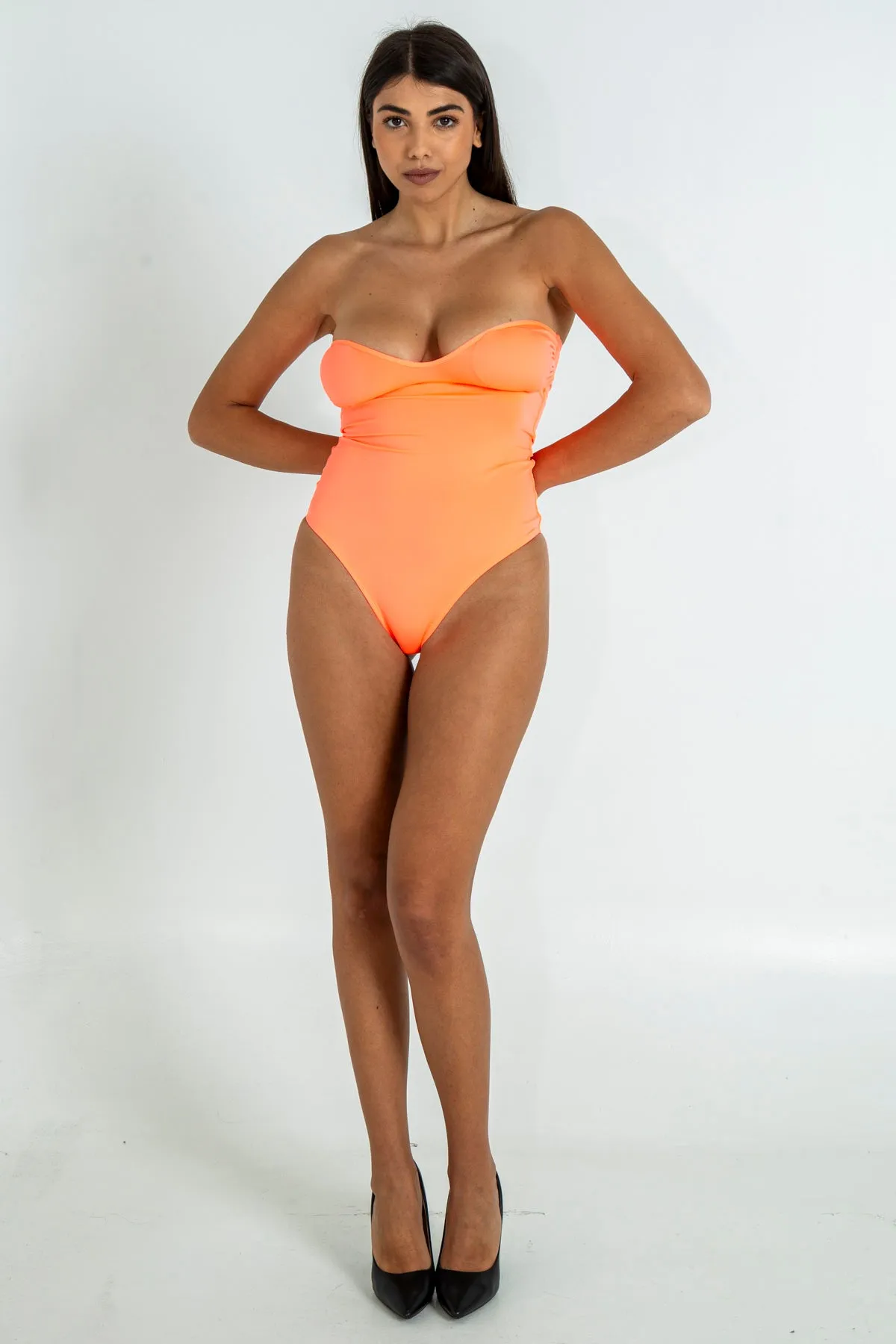 red one-piece monokini with sweetheart neckline