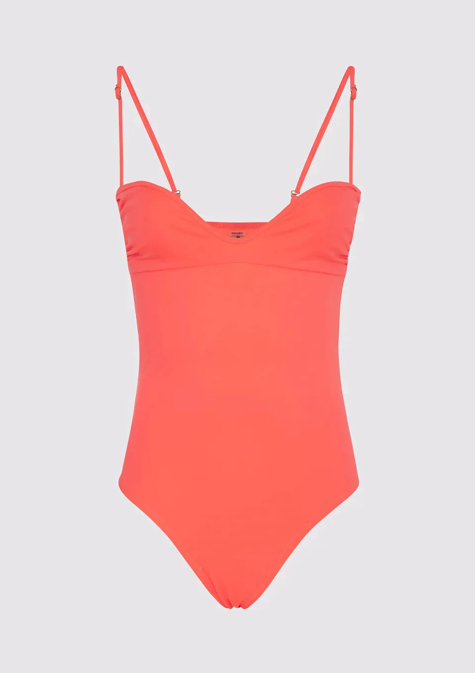 red one-piece monokini with sweetheart neckline