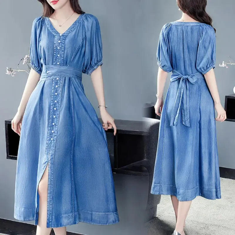 Retro Blue Denim Split Long Dress - V-Neck Short Sleeve