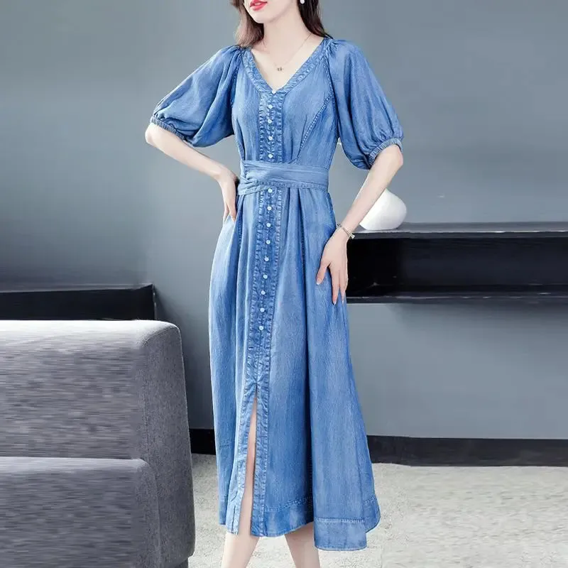 Retro Blue Denim Split Long Dress - V-Neck Short Sleeve