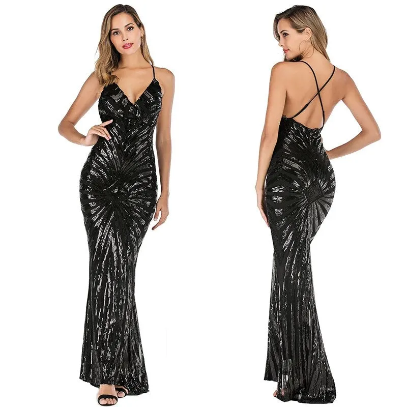 Sequined Off Shoulder Evening Party Dress