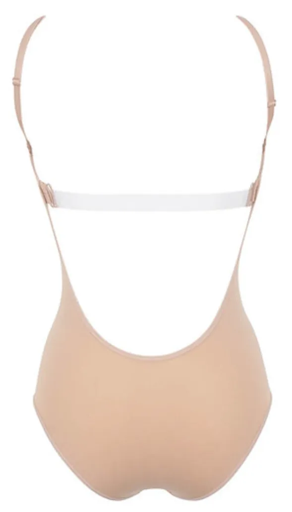 Silky camisole leotard with low cut and removable padding.