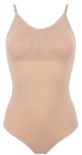 Silky camisole leotard with low cut and removable padding.