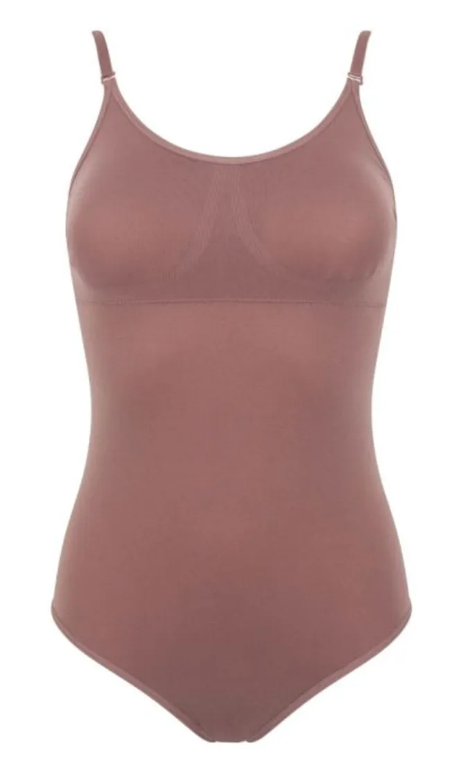 Silky camisole leotard with low cut and removable padding.