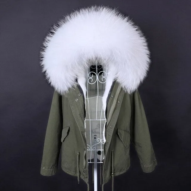 Slim Fit Long Sleeve Winter Jacket - Women's Natural Raccoon Fur Collar