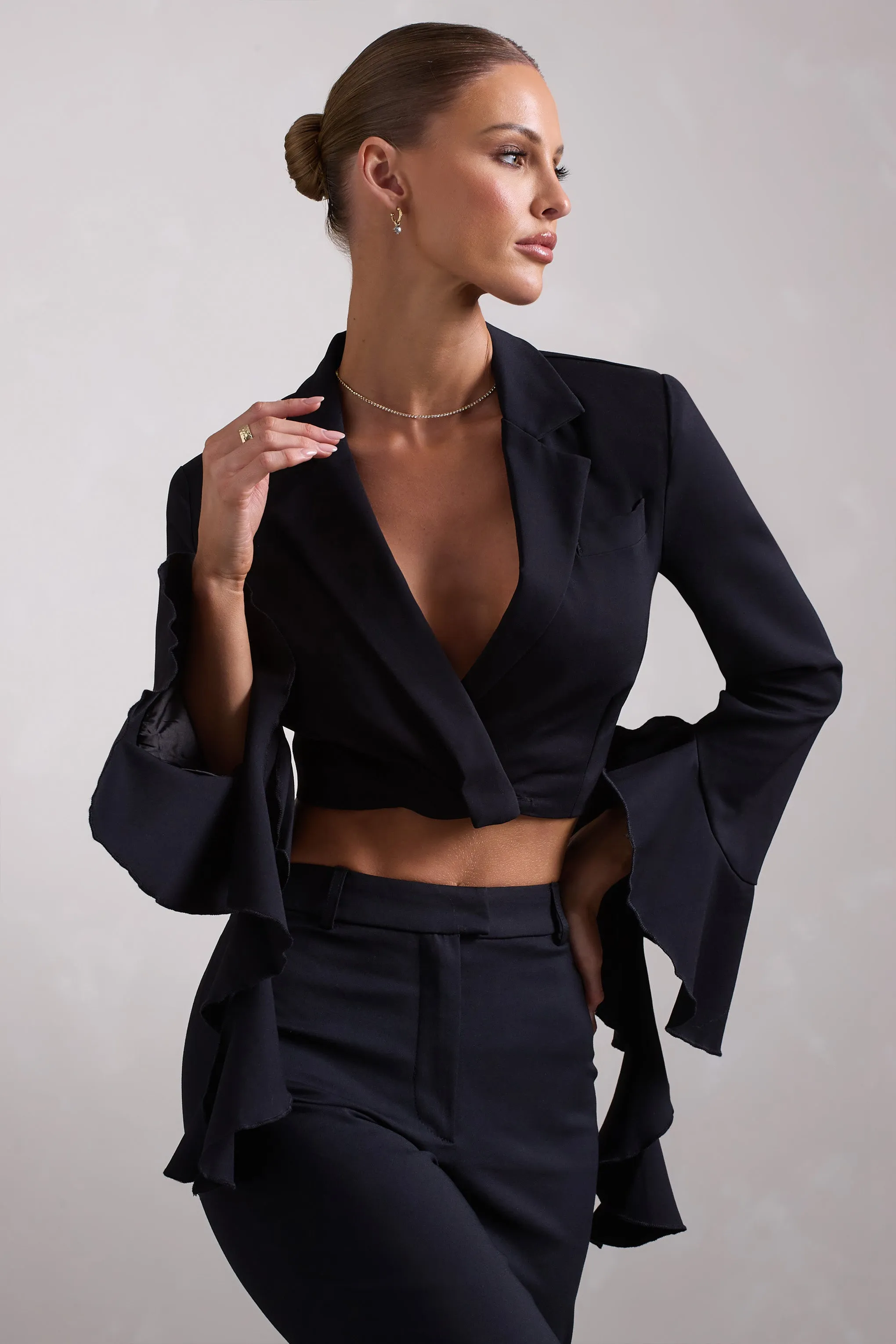 Sophie Black Cotton-Blend Cropped Blazer with Ruffled Cuffs