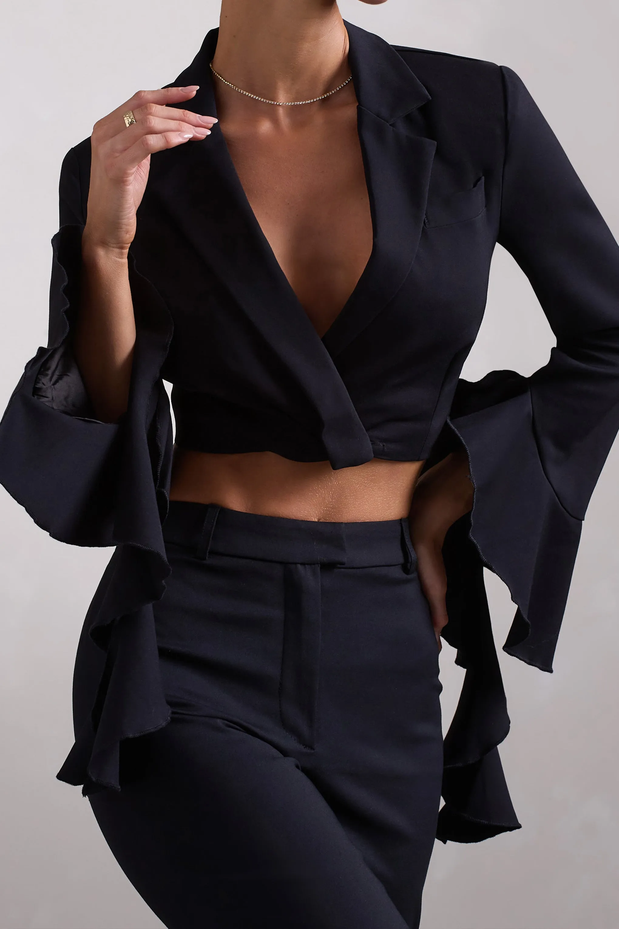 Sophie Black Cotton-Blend Cropped Blazer with Ruffled Cuffs