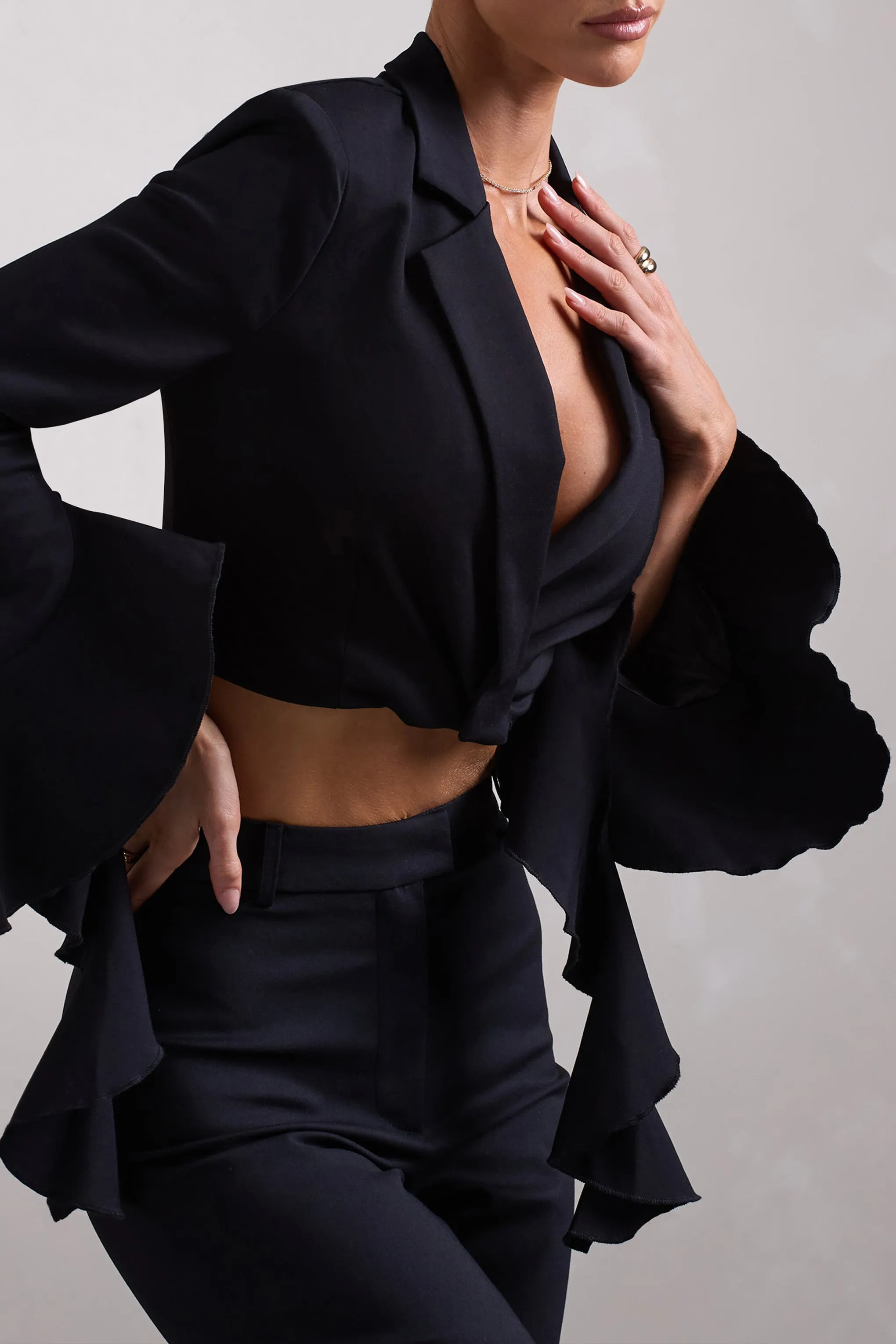 Sophie Black Cotton-Blend Cropped Blazer with Ruffled Cuffs