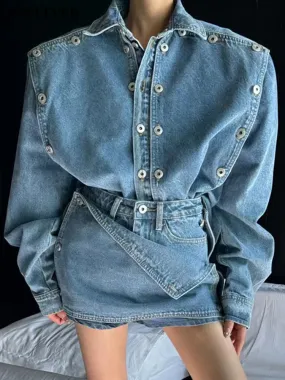 Spring Denim Ladies 2 Piece Set - Long Sleeve Double Breasted Jean Jackets & Mini Shorts Skirt - Vintage Women Denim Set.