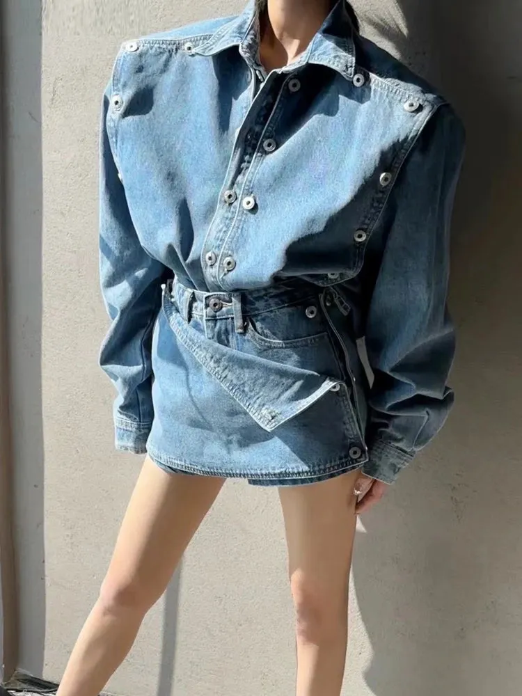 Spring Denim Ladies 2 Piece Set - Long Sleeve Double Breasted Jean Jackets & Mini Shorts Skirt - Vintage Women Denim Set.