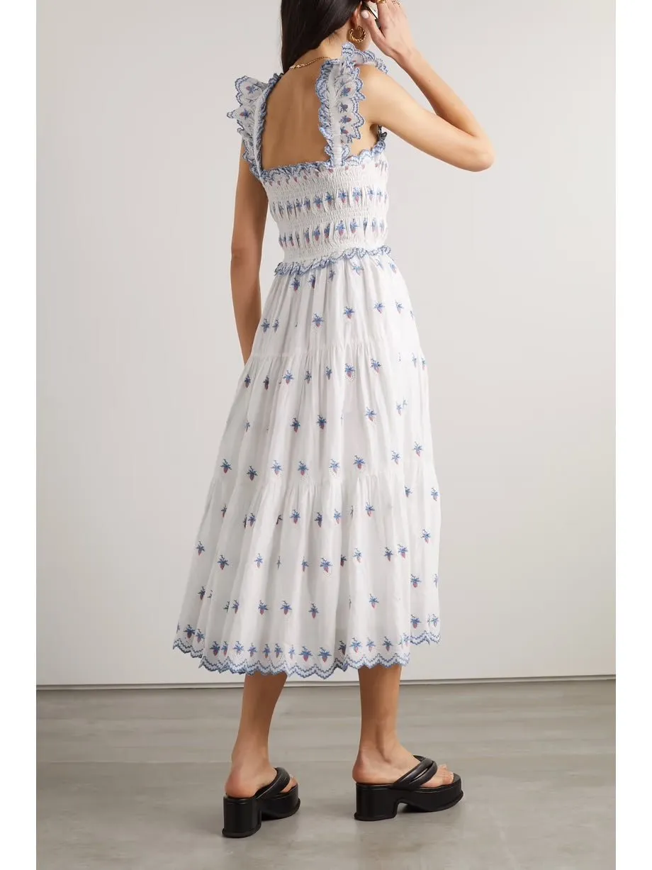 Sweet Strawberry Embroidered Broderie Anglaise Organic Cotton Midi Dress - Summer Sundress Collection