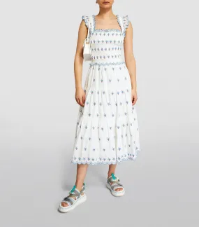 Sweet Strawberry Embroidered Broderie Anglaise Organic Cotton Midi Dress - Summer Sundress Collection