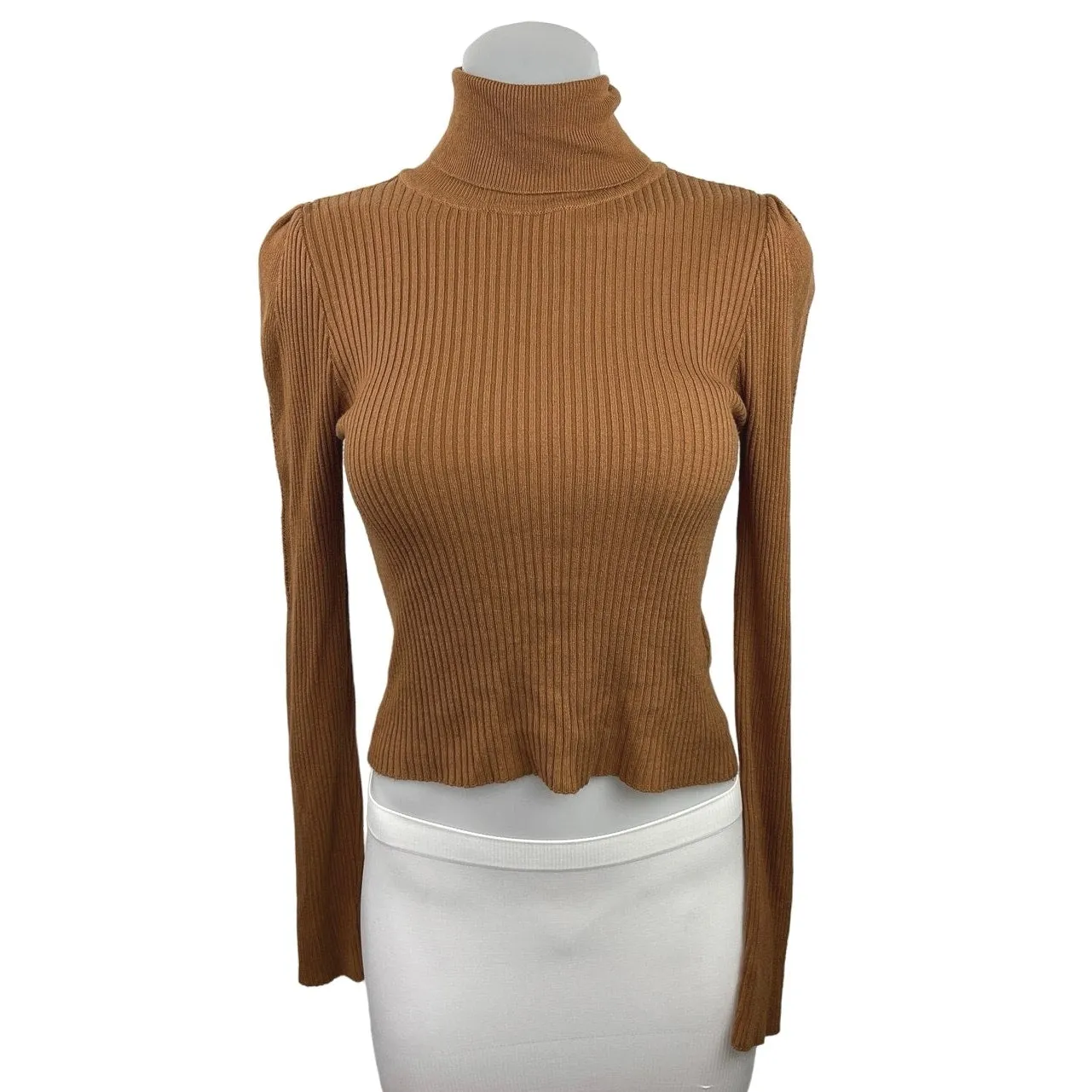 Topshop Women's Brown Long Sleeve Ribbed Knit Stretch Turtle Neck Sweater Top 2