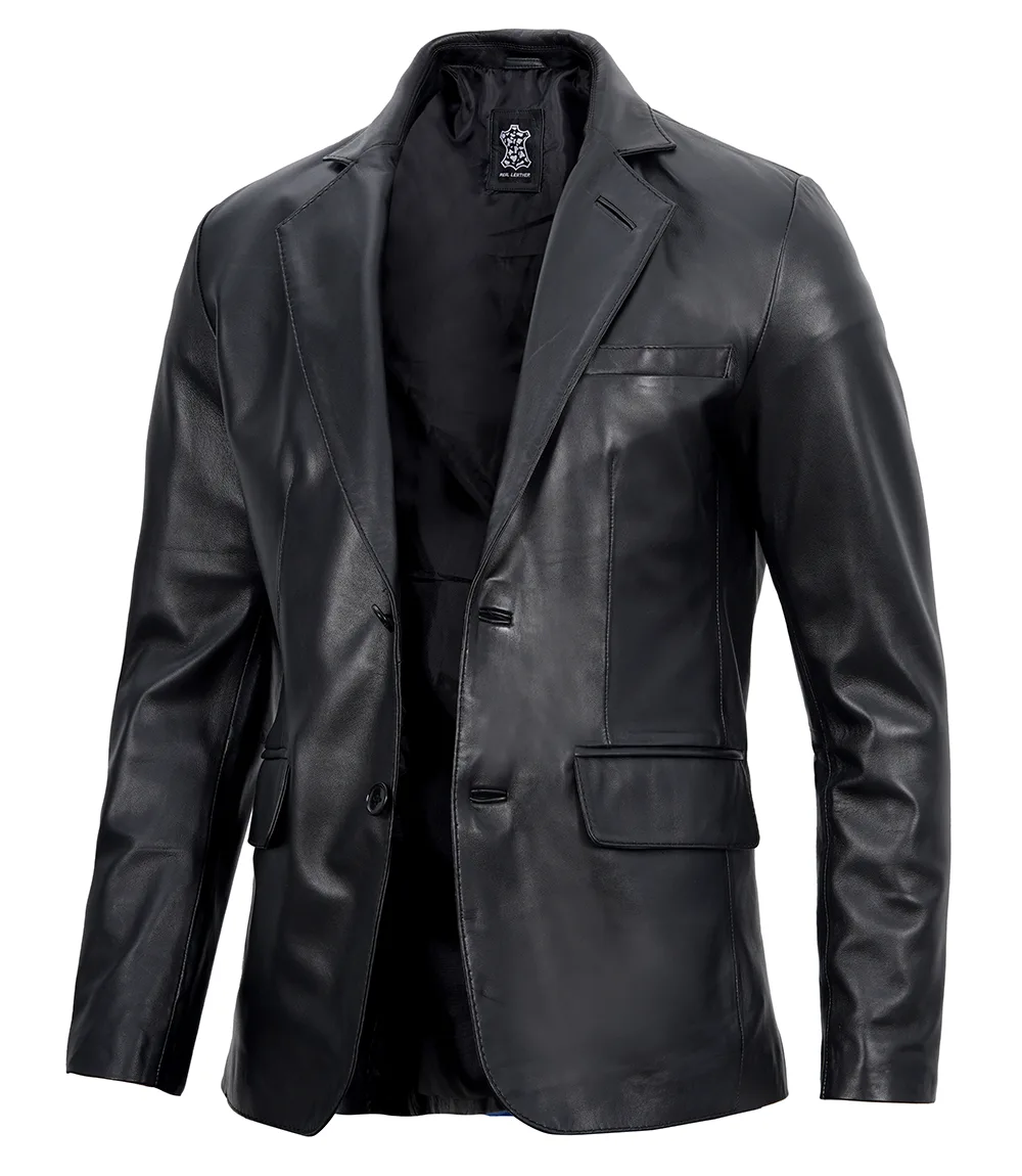 Two Button Notch Lapel Mens Black Leather Blazer