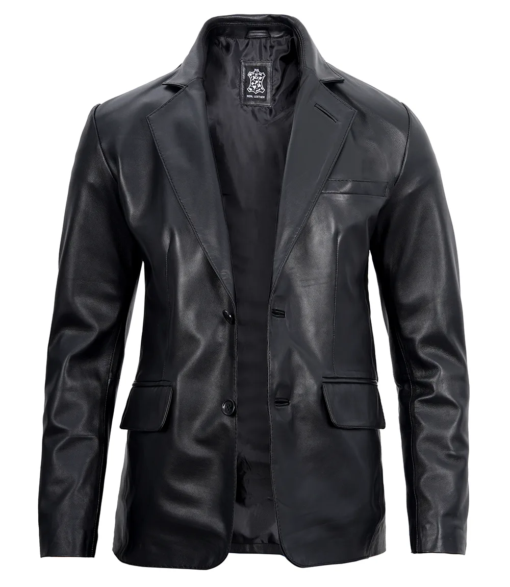 Two Button Notch Lapel Mens Black Leather Blazer