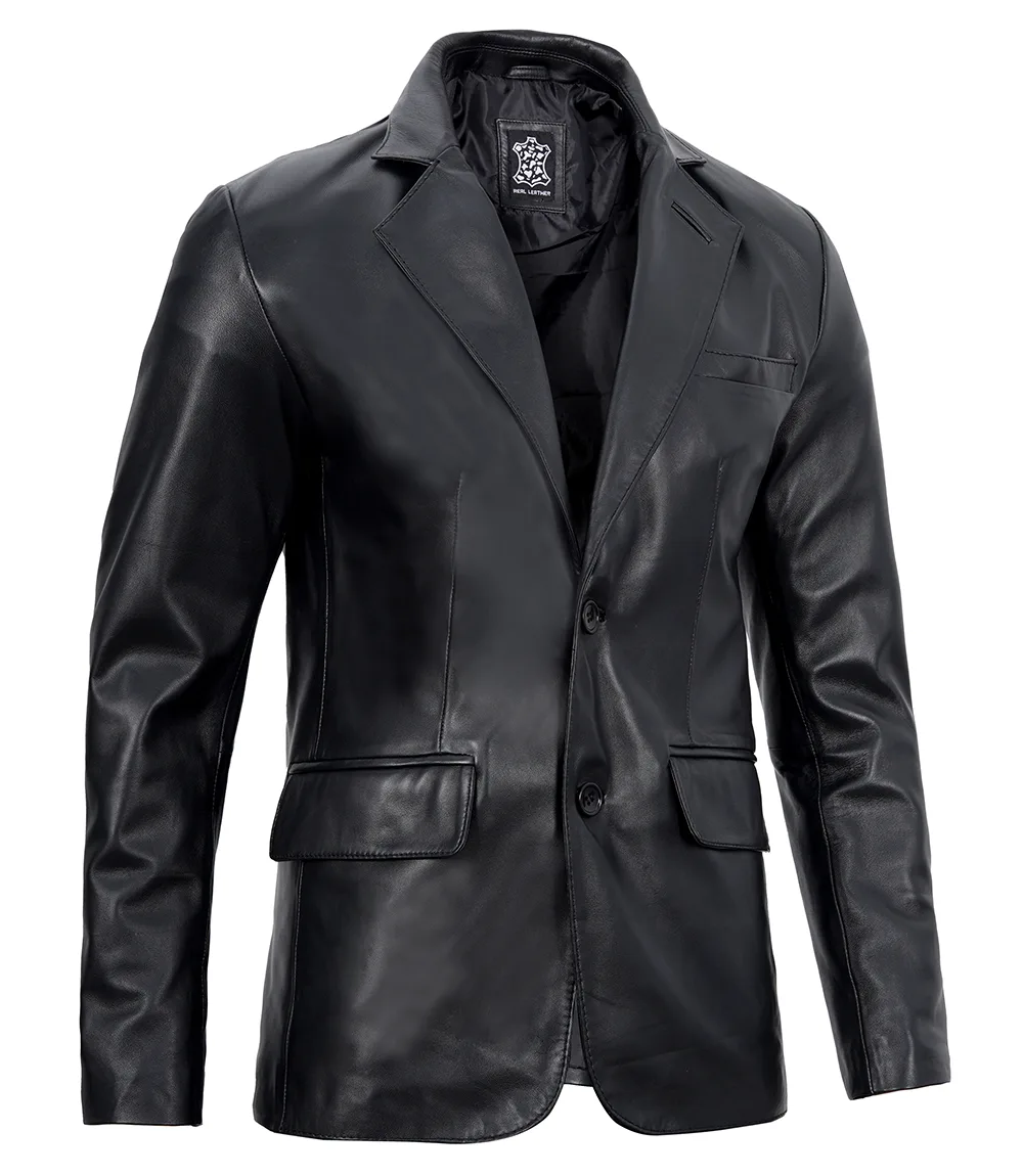 Two Button Notch Lapel Mens Black Leather Blazer