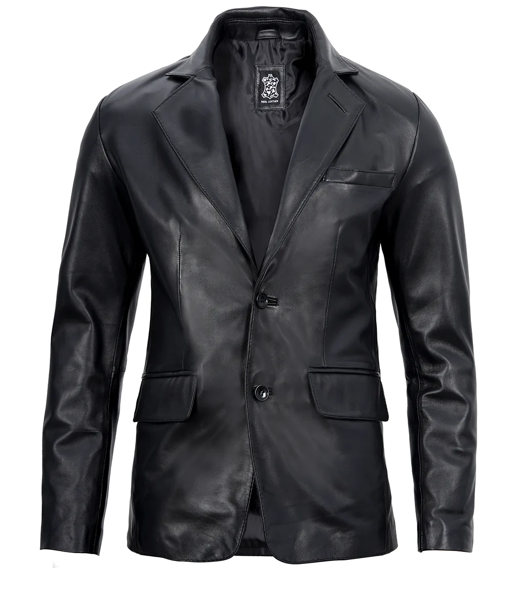 Two Button Notch Lapel Mens Black Leather Blazer