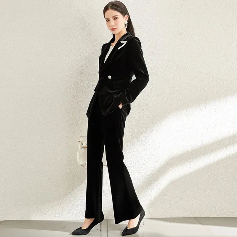 Vintage Notched Collar Blazer Flare Pants Suit for Women