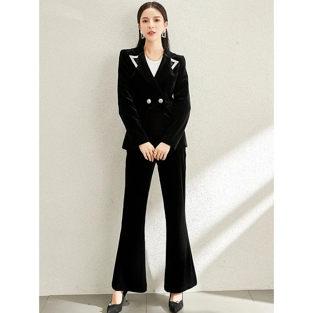 Vintage Notched Collar Blazer Flare Pants Suit for Women