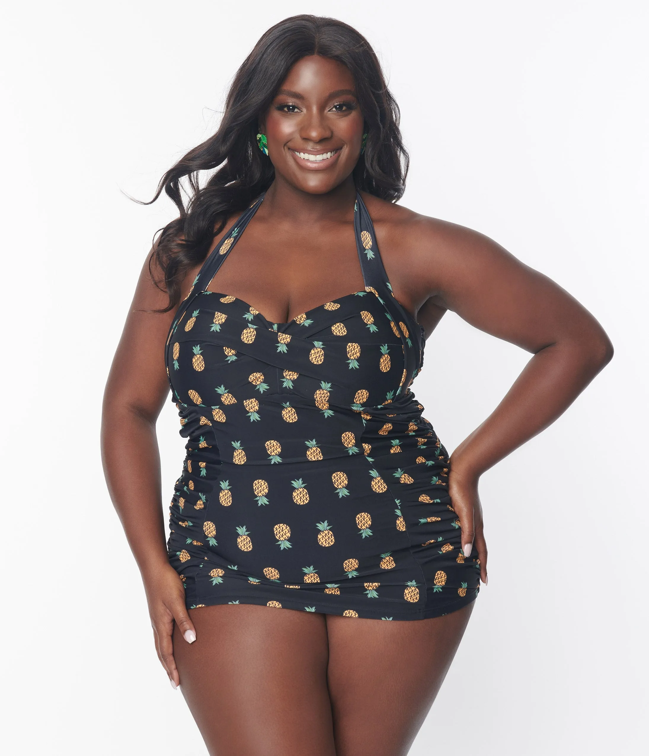 Vintage Pineapple Print Sheath Swimsuit in Black - Plus Size