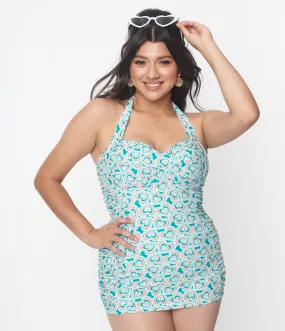 Vintage Turquoise Retro Hearts Corinne Sheath Swimsuit