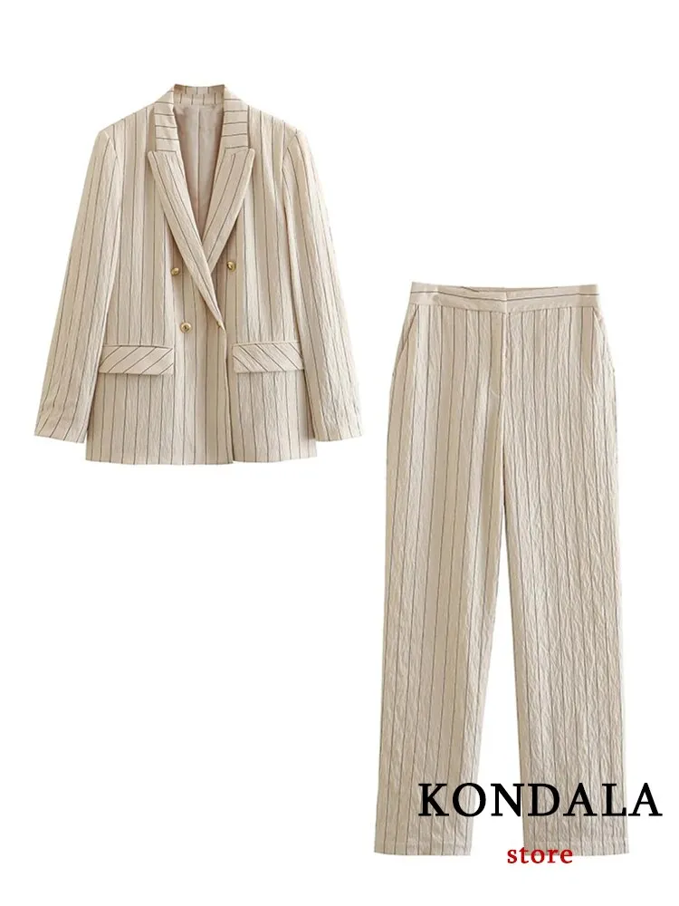 Vintage Women's Stripe Notched Double Breasted Blazer Pants Set