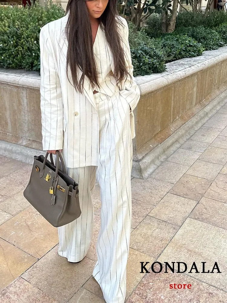 Vintage Women's Stripe Notched Double Breasted Blazer Pants Set