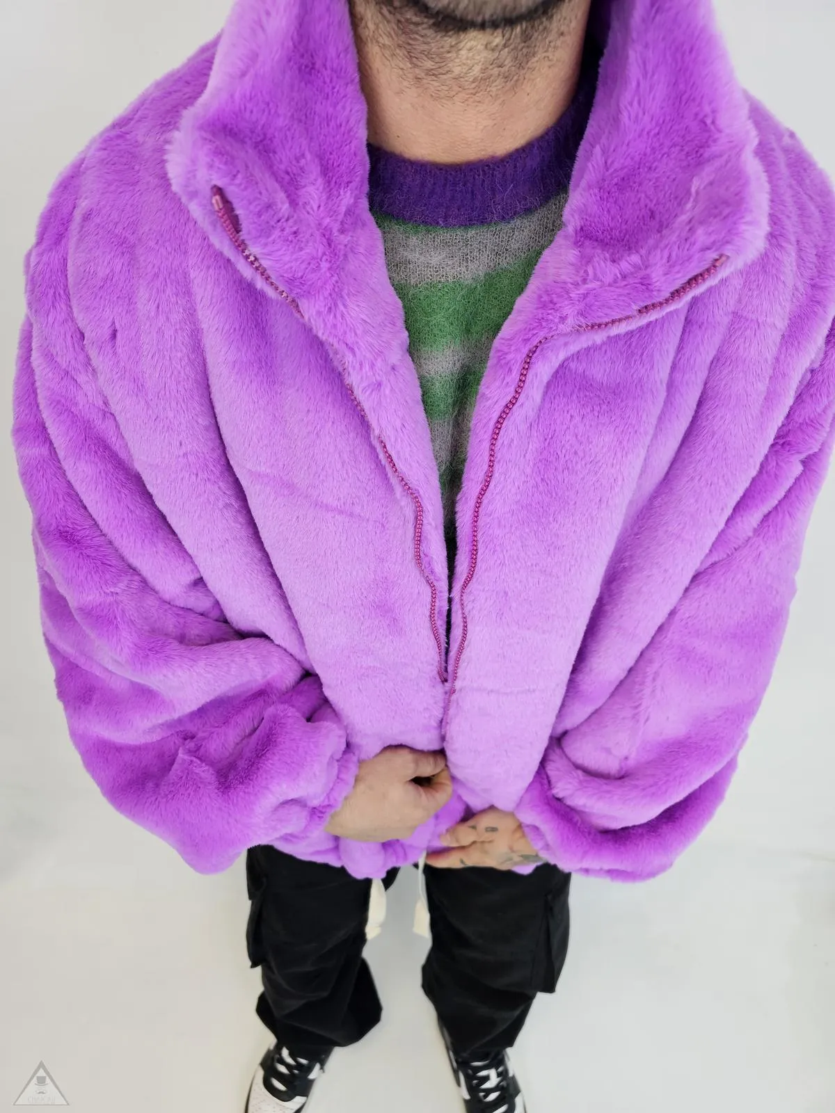 Violet fur bomber jacket.