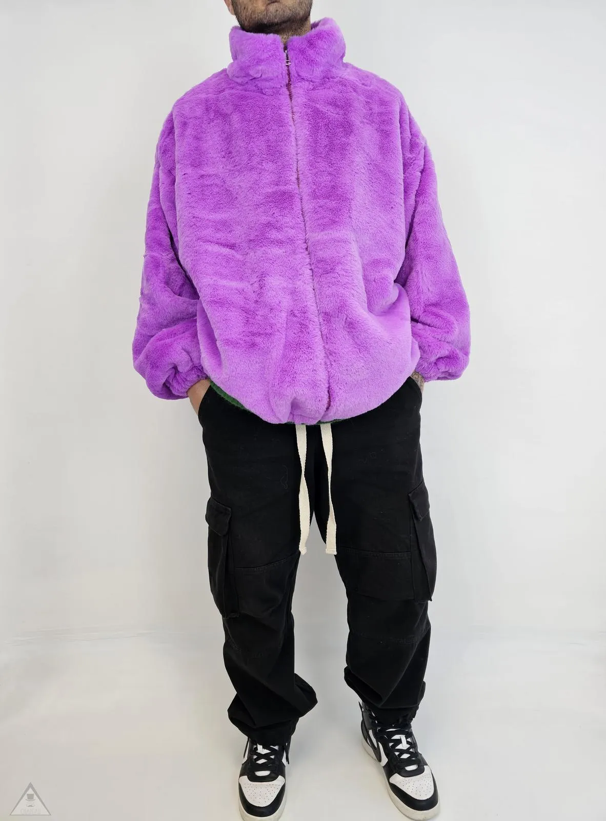 Violet fur bomber jacket.