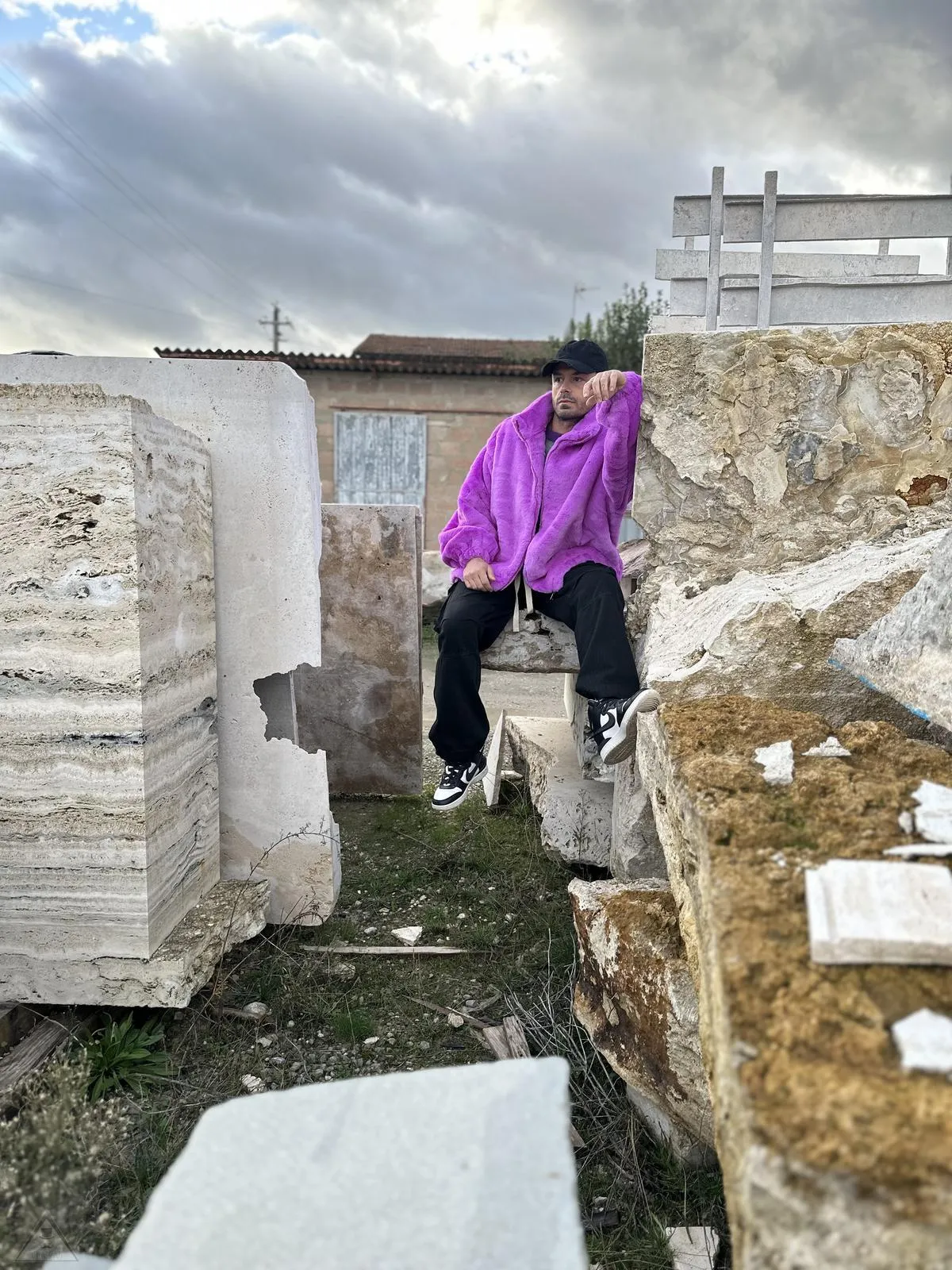 Violet fur bomber jacket.