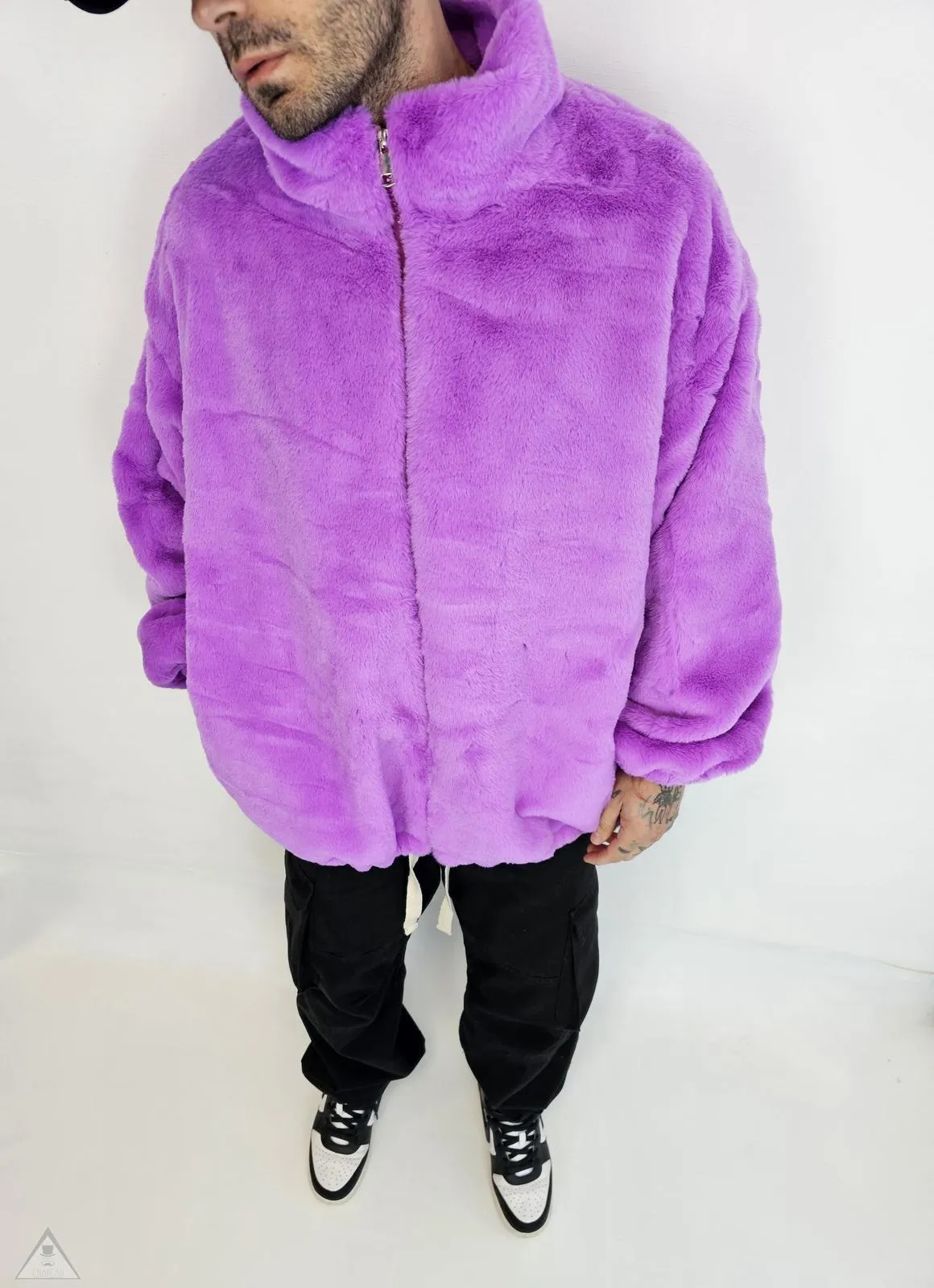 Violet fur bomber jacket.