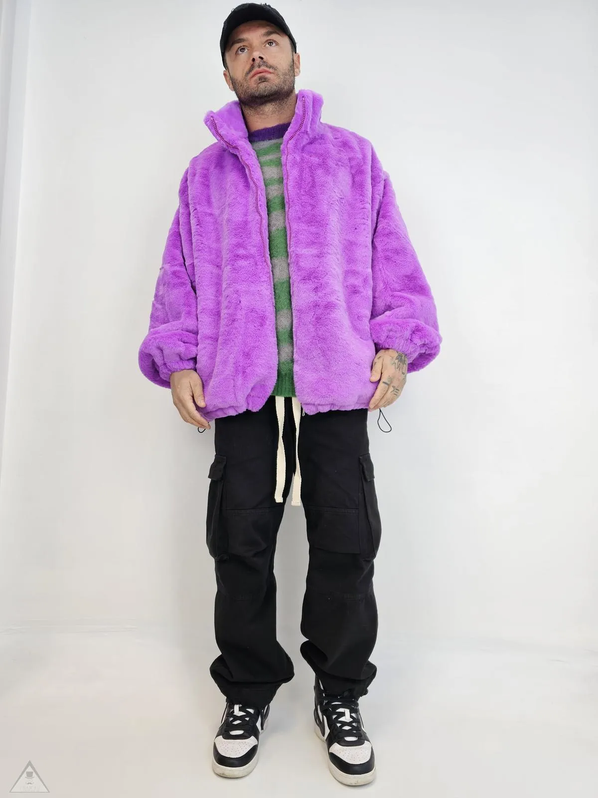 Violet fur bomber jacket.