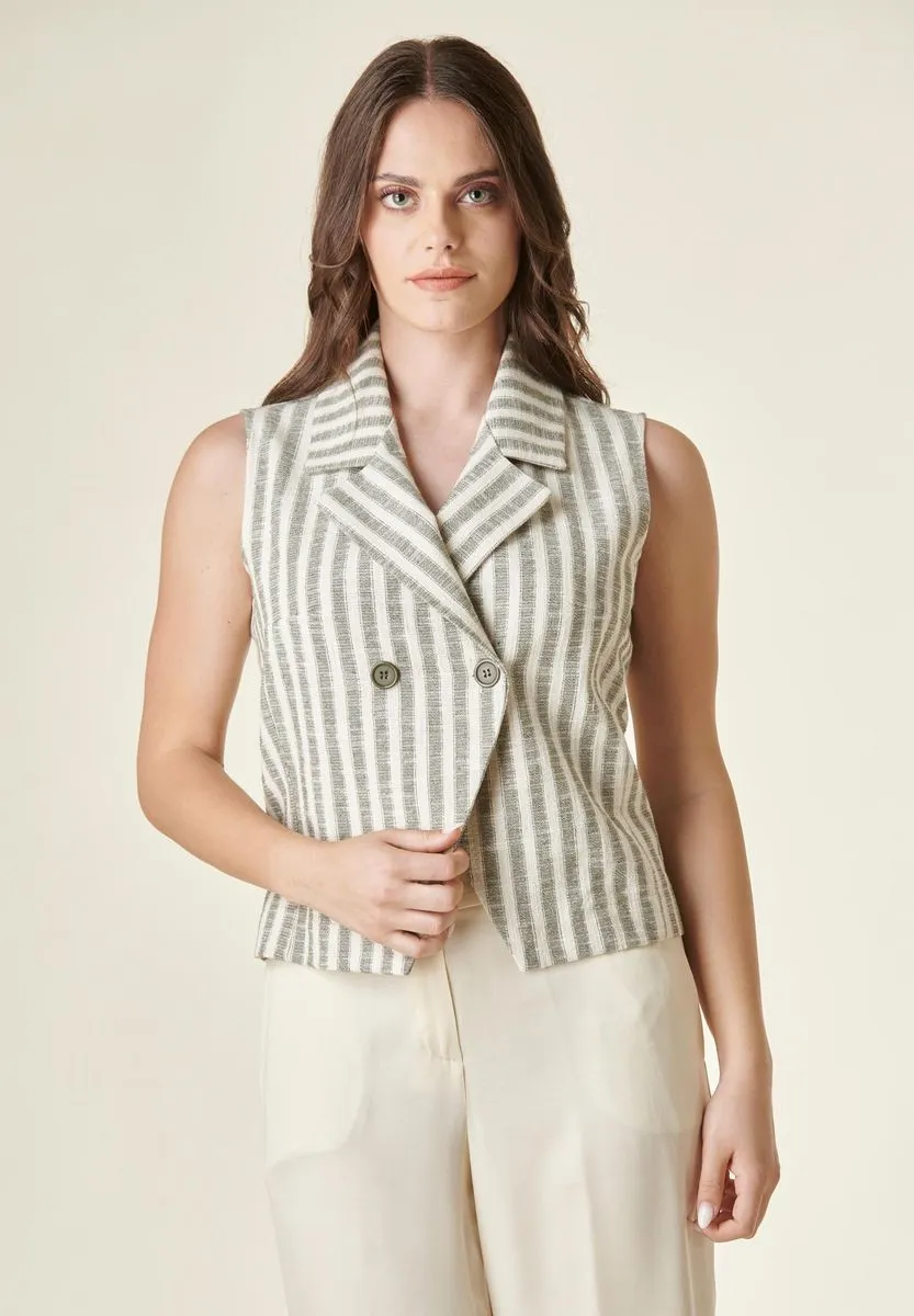 White and green striped double-breasted waistcoat.