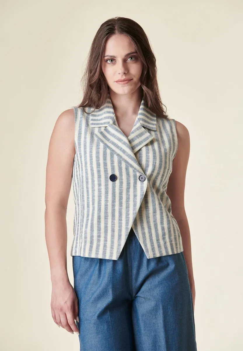 White-blue striped double-breasted vest