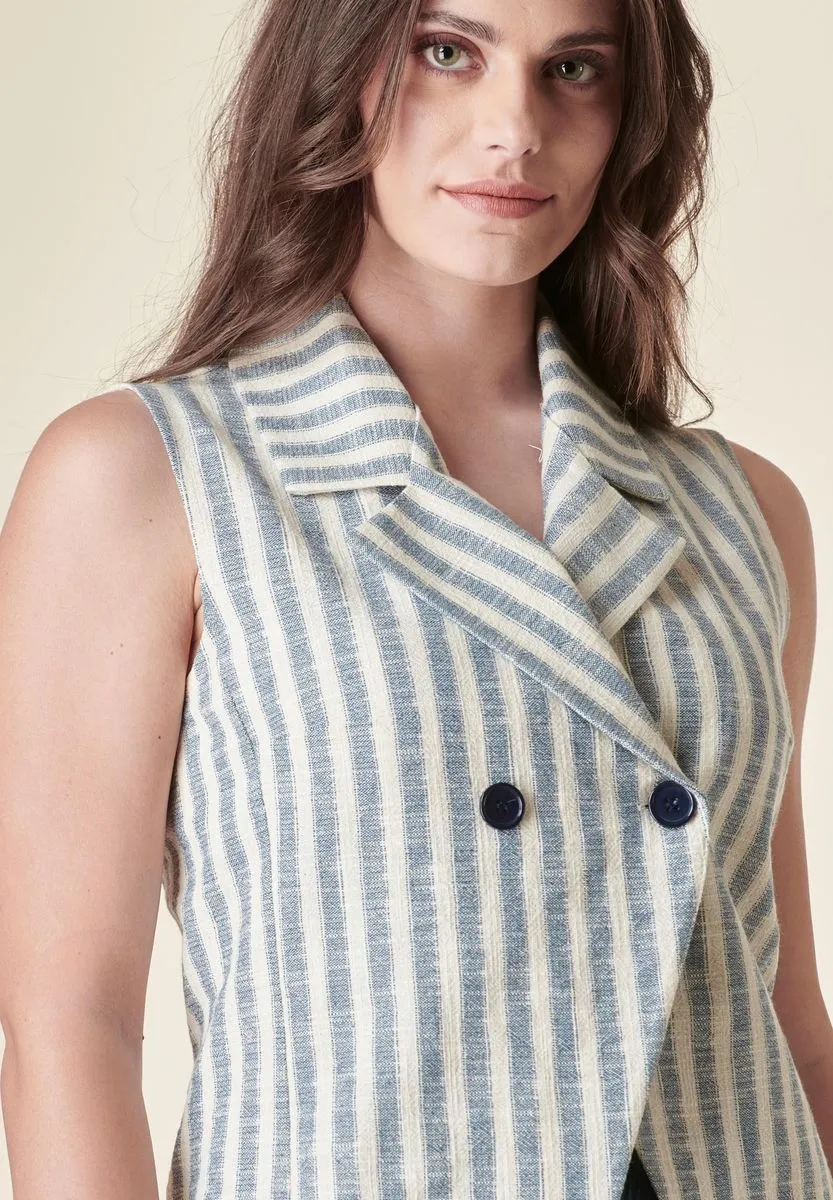 White-blue striped double-breasted vest