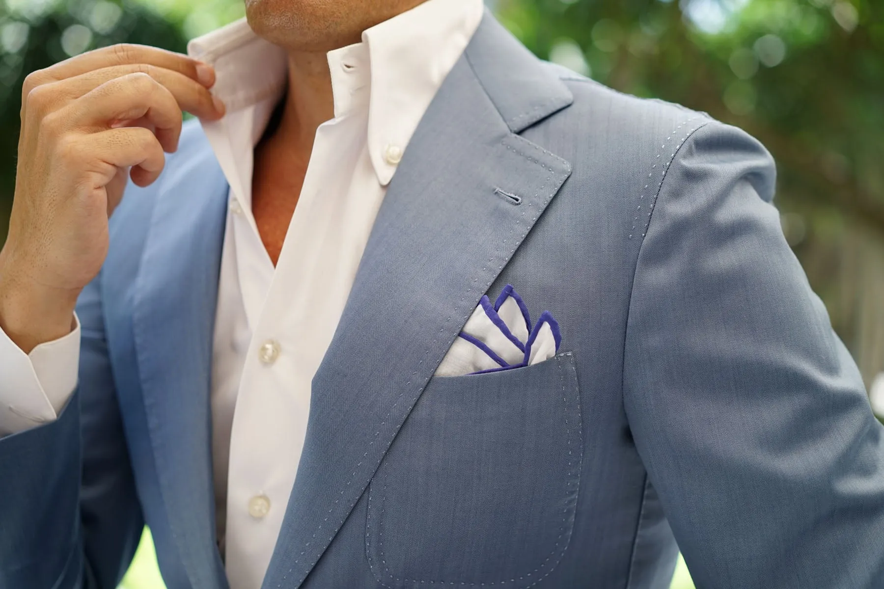 White Cotton Pocket Square - Purple Border.