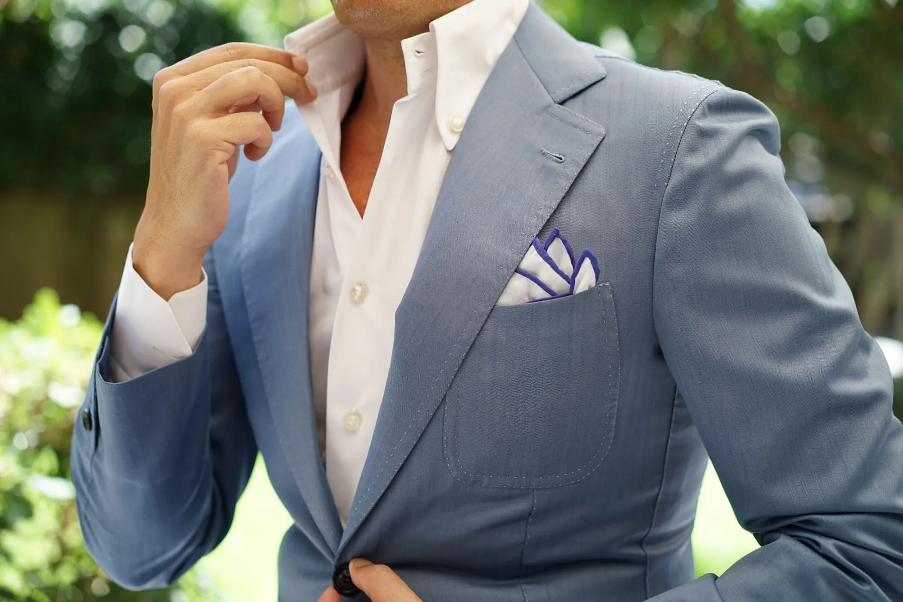 White Cotton Pocket Square - Purple Border.