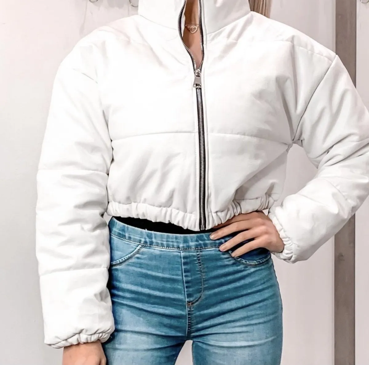 White faux leather bomber jacket