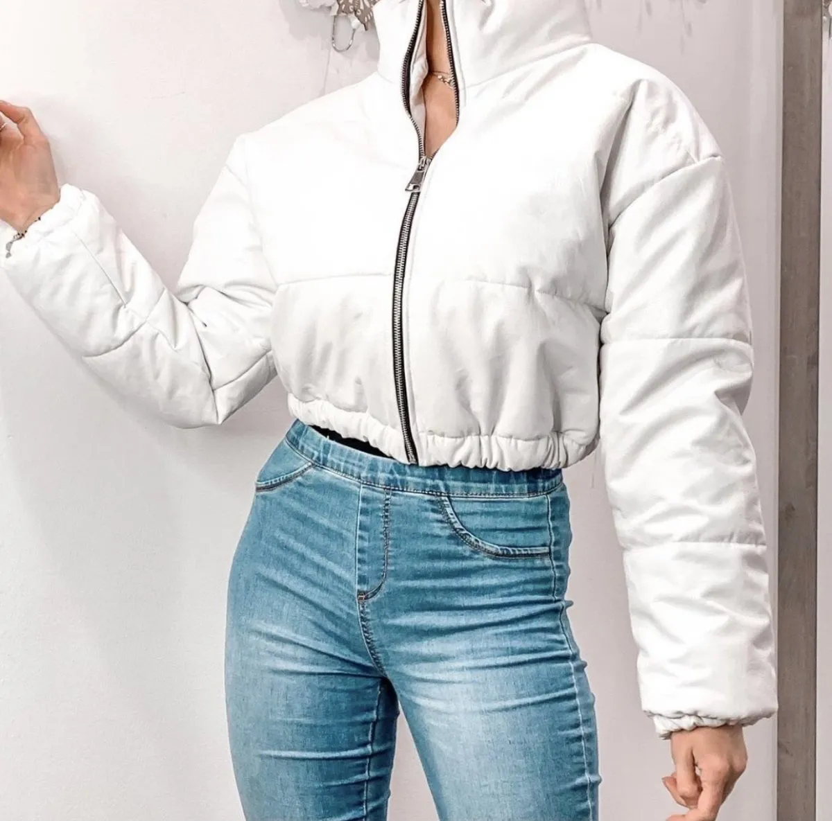 White faux leather bomber jacket