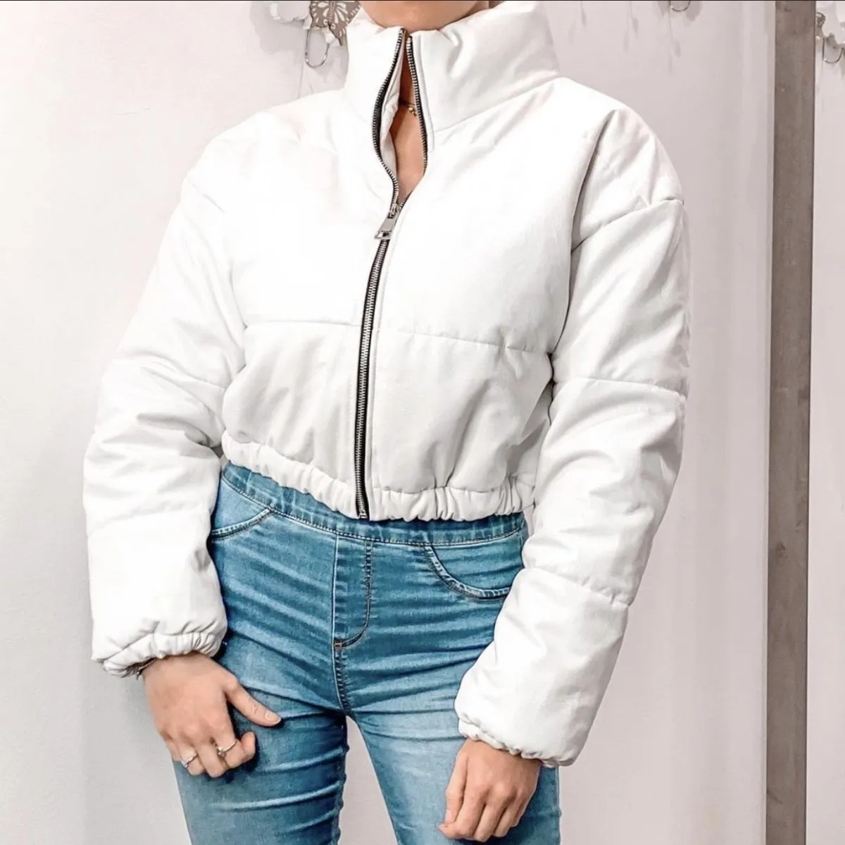 White faux leather bomber jacket