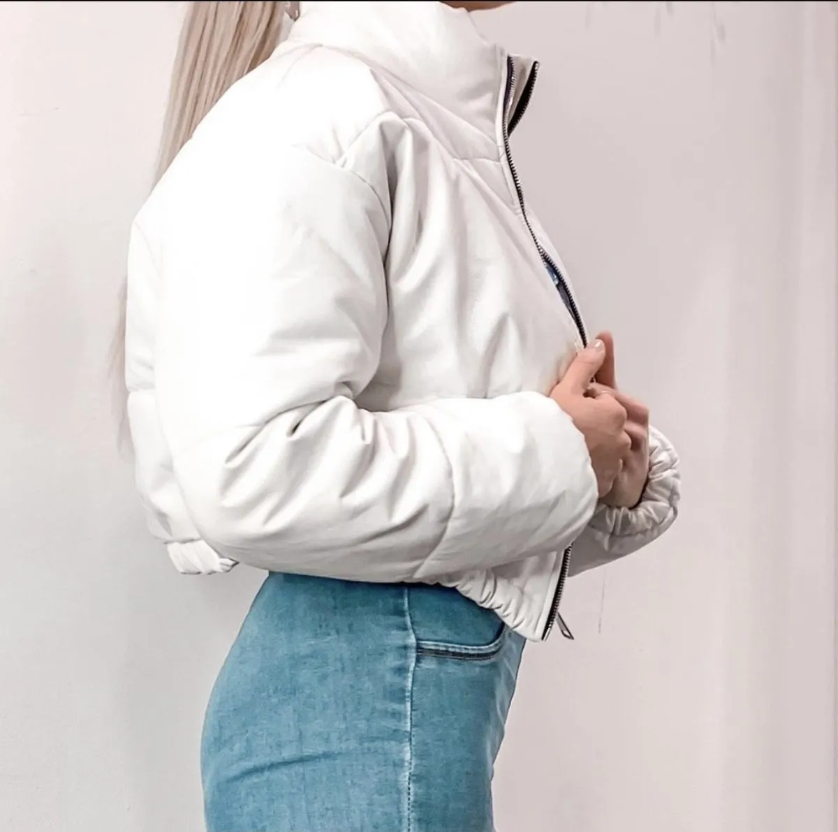 White faux leather bomber jacket