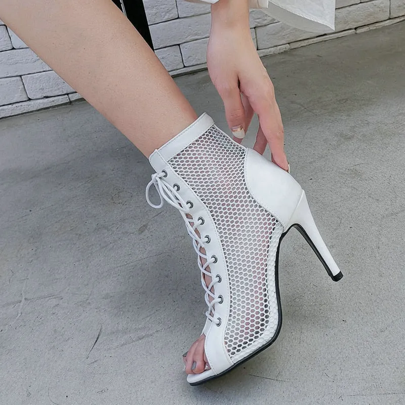 White Indoor Peep Toe High Heels Dance Boots for Women