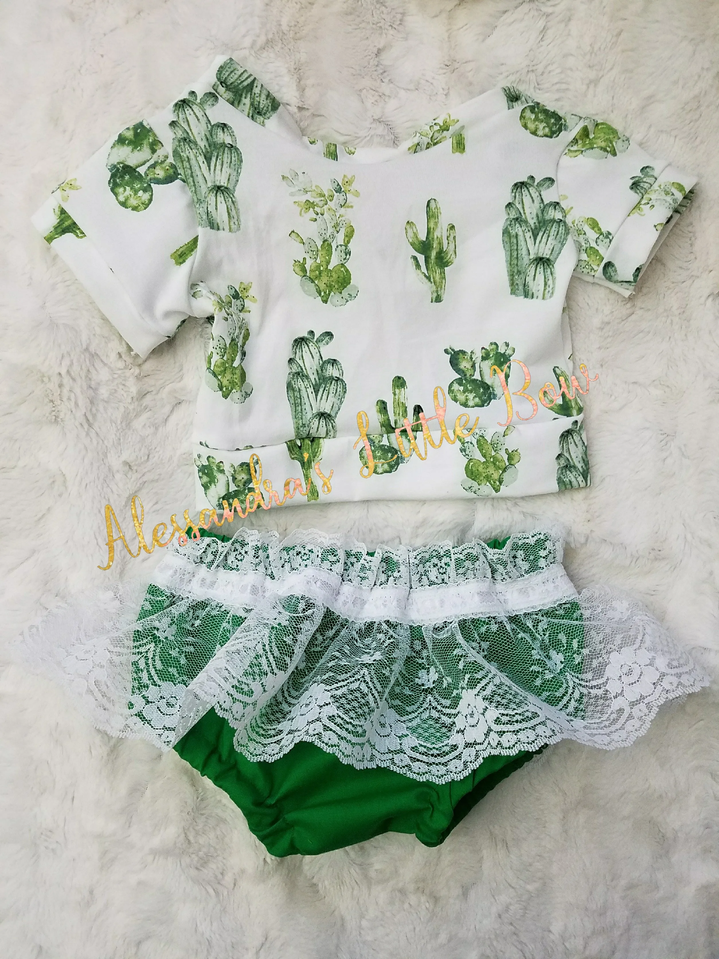 White lace skirted bloomers paired with a cactus-themed outfit.